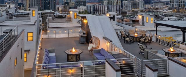 Rooftop terrace with fire pits, seating, and city skyline at dusk